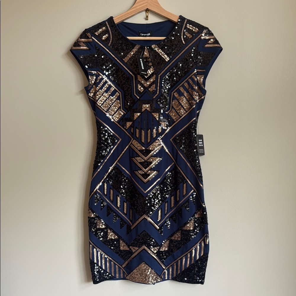 NEW Express Navy Blue Bodycon Mini Dress with Black and Gold Sequin Detail Small